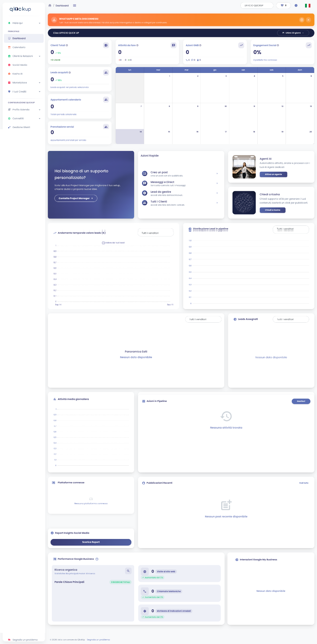 Dashboard di QlickUp per gestire lead, clienti, appuntamenti, campagne Meta e report