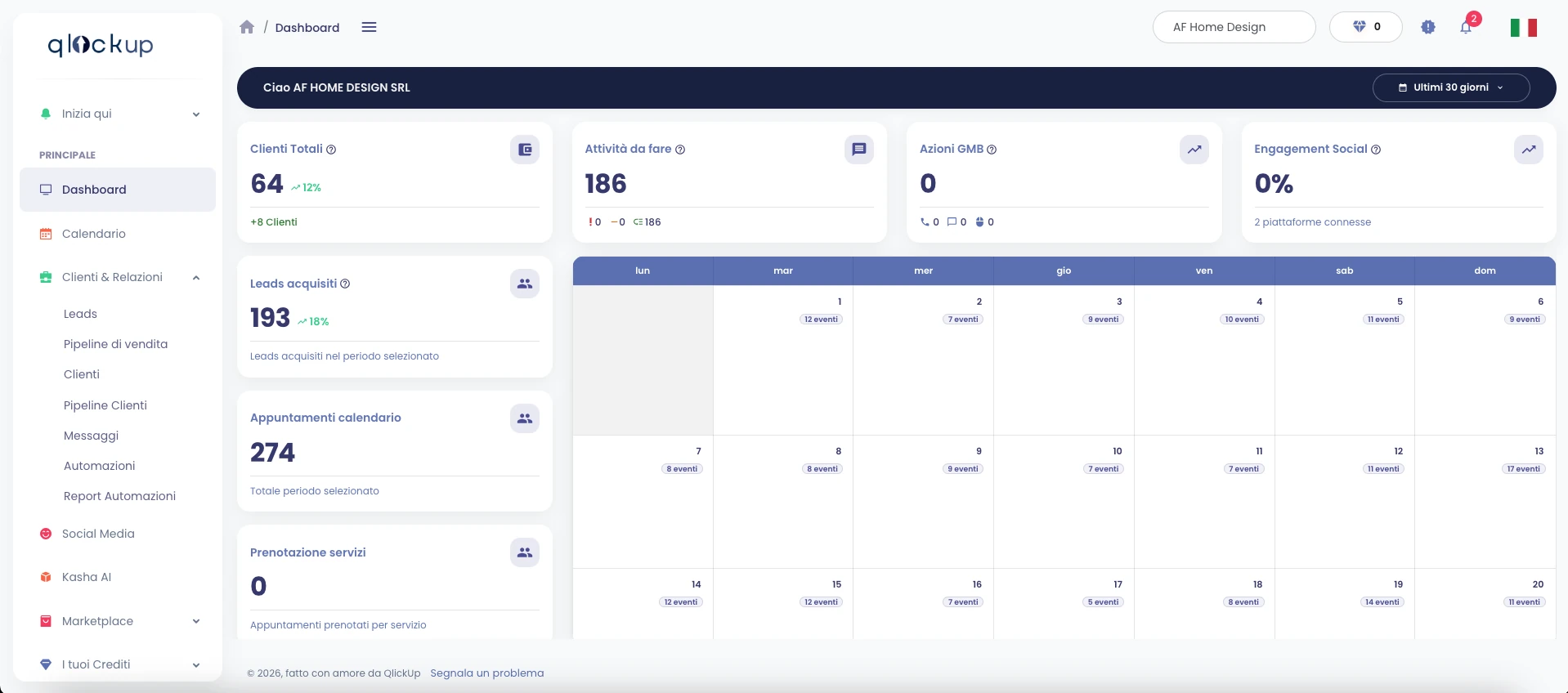 Dashboard QlickUp con clienti, attività e calendario appuntamenti