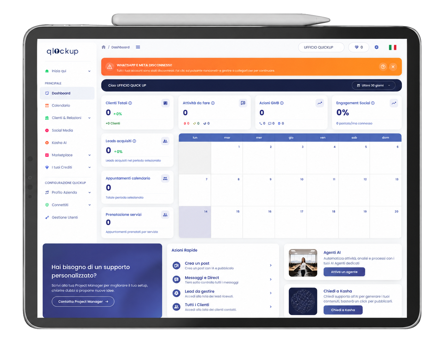 Dashboard QlickUp visualizzata su tablet