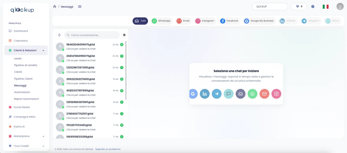 Area QlickUp per gestire messaggi, e-mail, lead e clienti