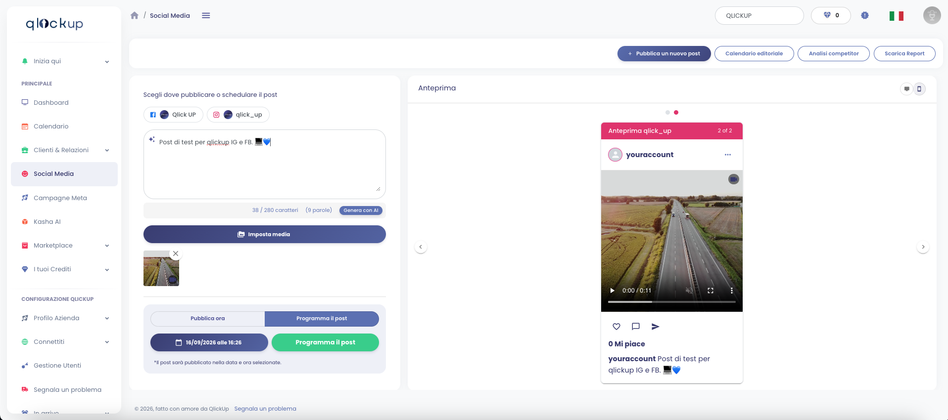 QlickUp Social Media: creazione, anteprima e programmazione di un post su monitor ultrawide 21:9
